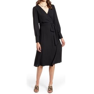 NWT Halogen Long Sleeve Wrap Midi Dress in Black
